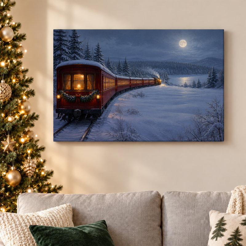 «Red Train in Snowy Forest Under Full Moon Christmas», art mural sur toile, 24"H x 36"W