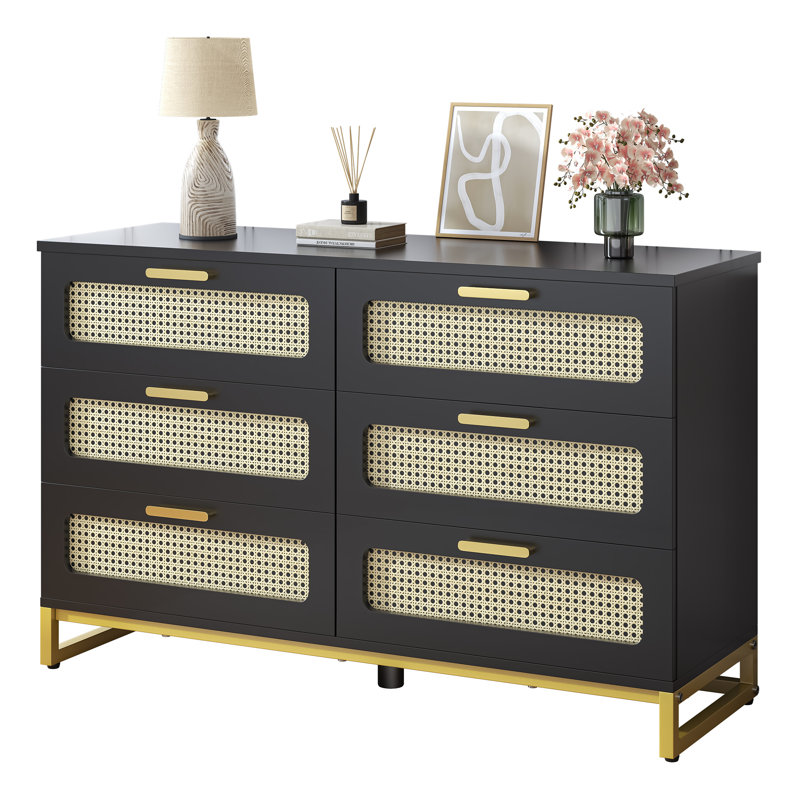Commode 6 tiroirs en rotin, noir
