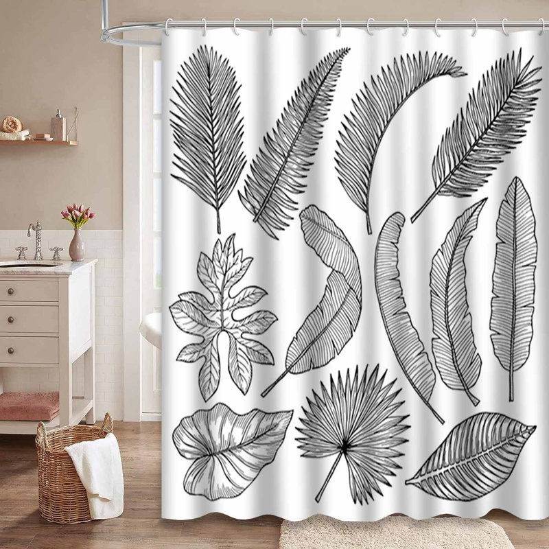 Croquis de feuille exotique floral avec feuilles exotiques noir et blanc avec 12 crochets, L 72 po x l 84 po