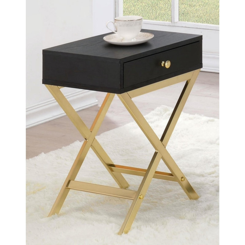 Justine Contemporary Rectangular 1-Drawer Accent Table with Metal "X" Shape Base, Black, Gold