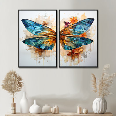 Teal Dragonfly Ethereal Flight Geometric I - Modern Art Prints On Canvas Set Of 2