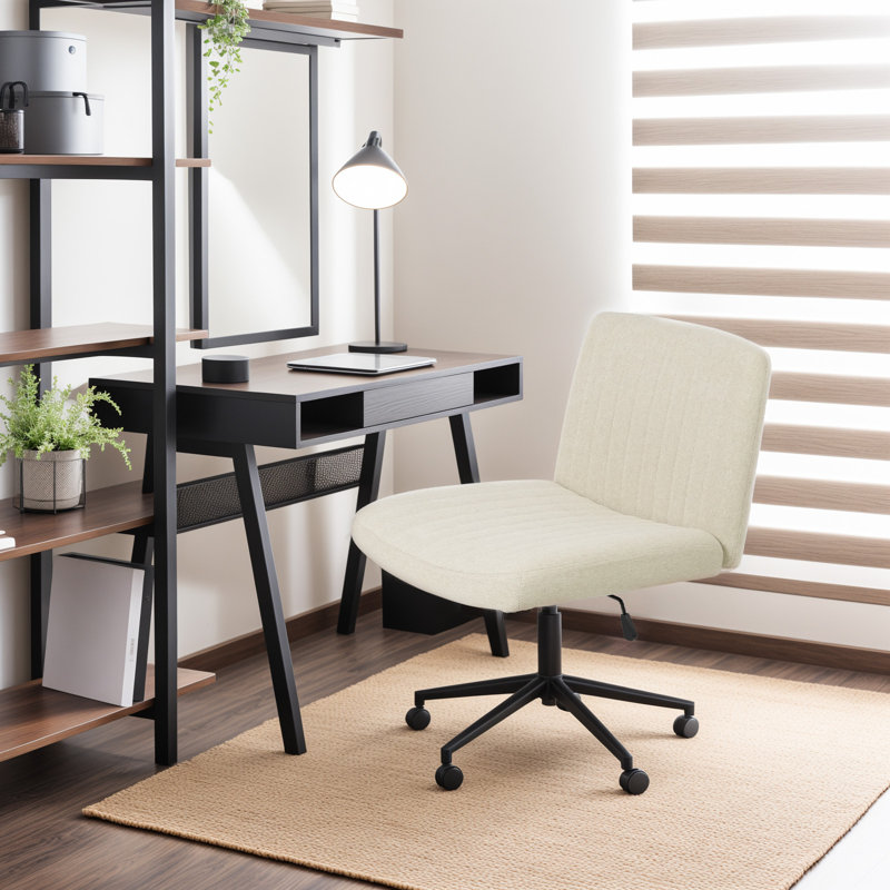 Wide Seat Cross Legged Office Chair,Armless Office Chairs with Wheels, Adjustable Height&Titlt Vanity Chairs Swivel Desk Chair,Ergonomic Mid Back Computer Chair for Bedroom Office (Beige)
