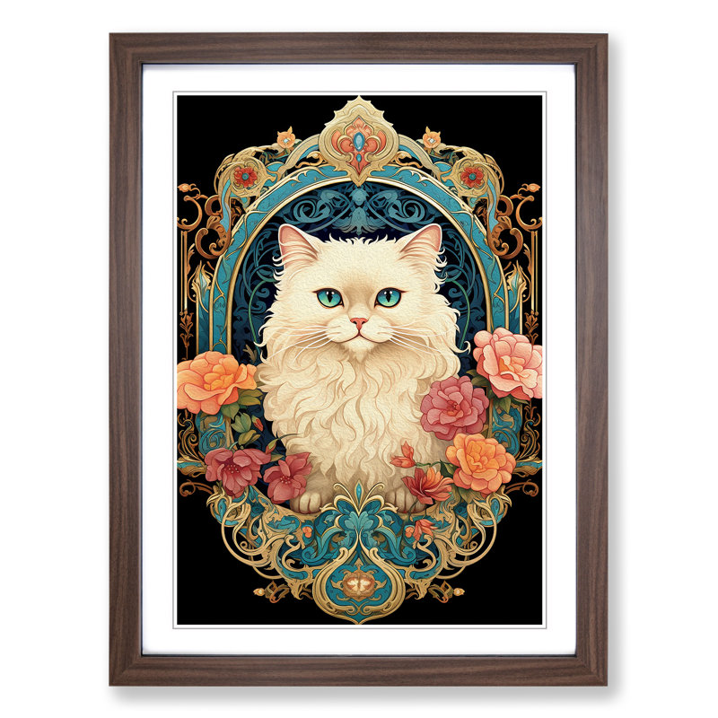 Persian Cat Nouveau 1 Piece Single Picture Frame Wall Art, 64cm H x 46cm W x 2cm D, Walnut Framed