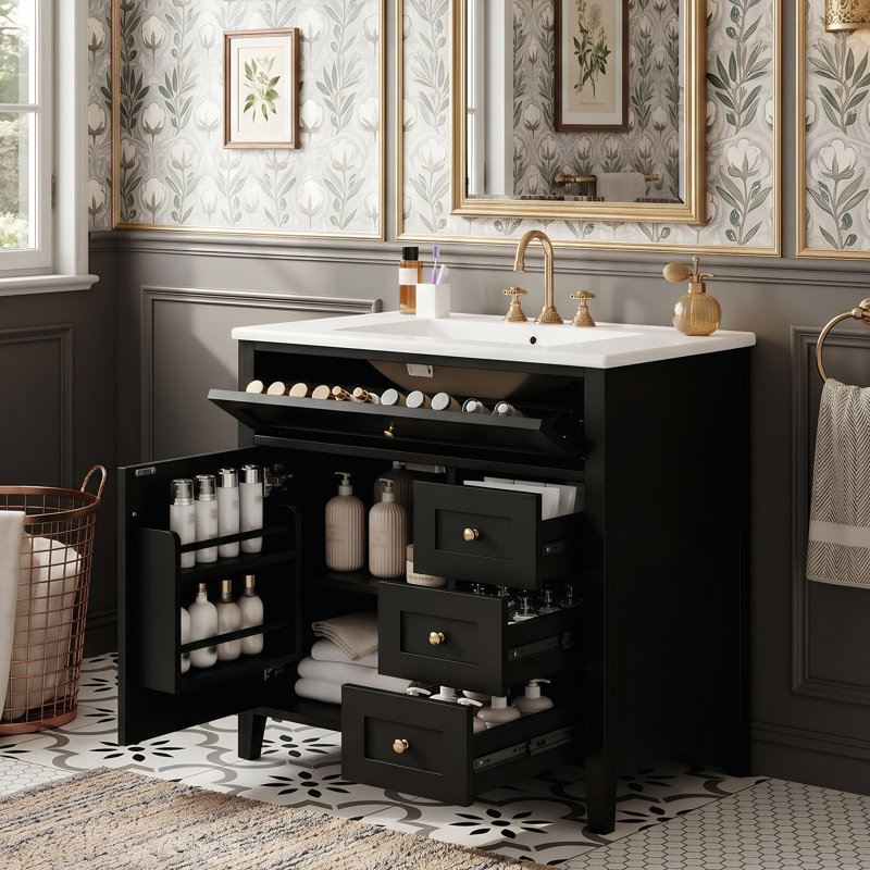 Meuble-lavabo de salle de bain moderne 30 po avec lavabo en céramique, armoire en bois d'hévéa et panneau de fibres à densité moyenne avec tiroir basculant (noir / blanc / gris / vert)