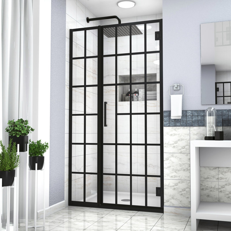 40" W X 72" H Shower Door With Glass In Matte Black, Bathroom Opulence Black Glass, Pivot Engaging Choice