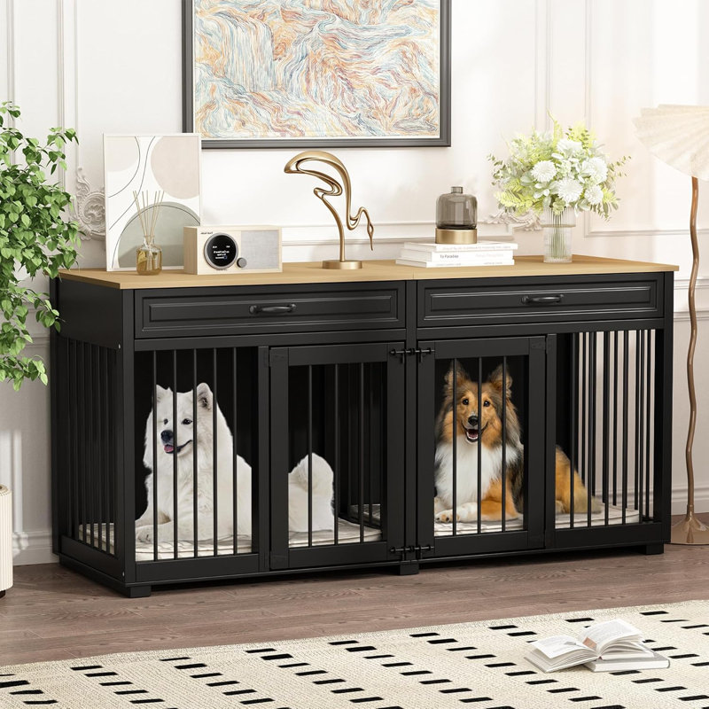 Dog Crate Furniture, 164cm Indoor Wooden Dog Kennel Cage House, Modern Decorative End Table With Double Doors, Drawers, Divider, For Large Medium Breeds
