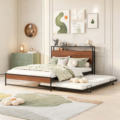 Metal Platform Bed Frame with Trundle, USB Ports and Slat Support ,No Box Spring Needed