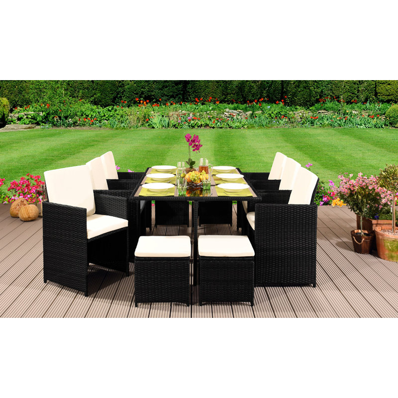 Monserrat 10 - Person Patio Dining Set Rectangular Table with Cushions Included, Black