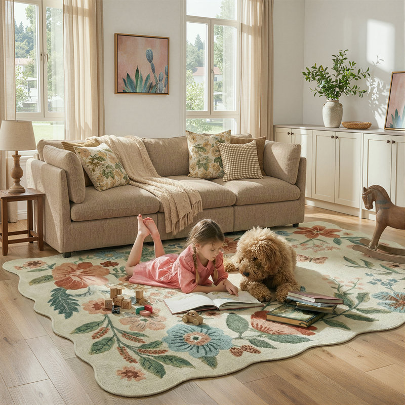 Garbrand Machine Washable Floral Farmhouse Area Rug with Non-Slip Backing for Living Room, Dining Room, Bedroom