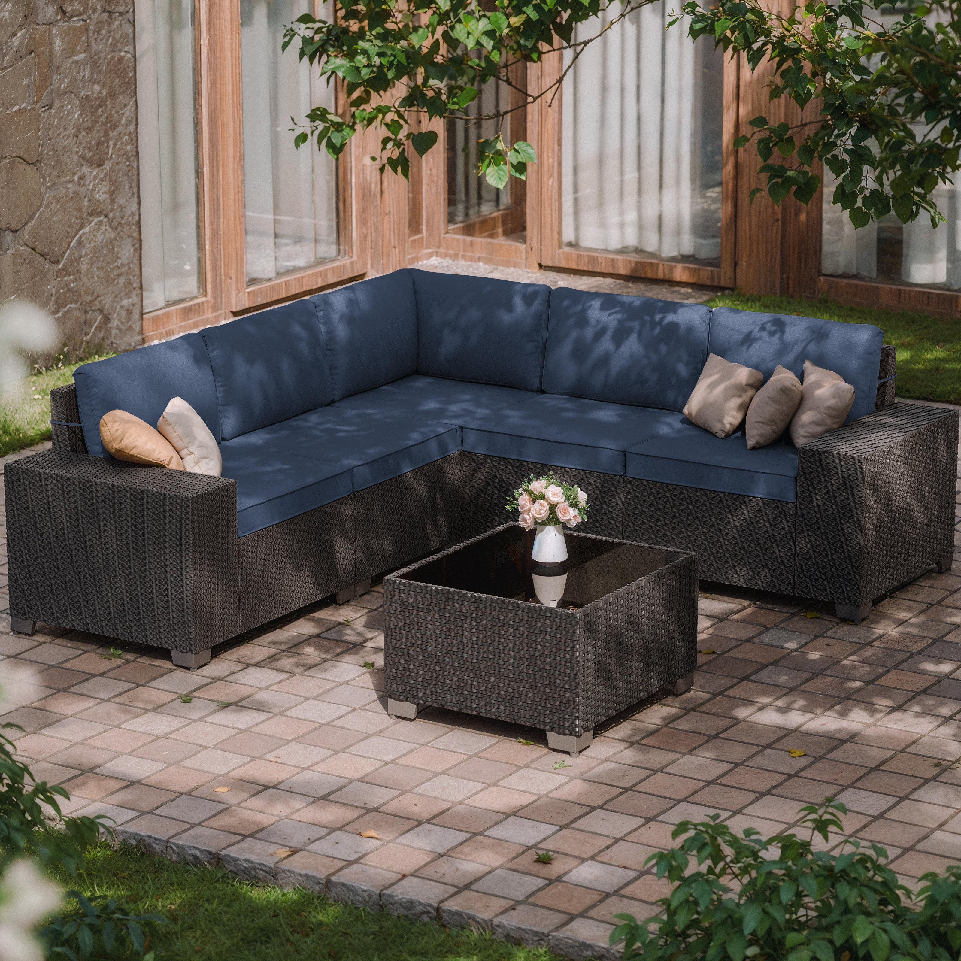 Latitude Run® 5-Person All-Weather Outdoor HDPE Rattan Sectional Sofa ...