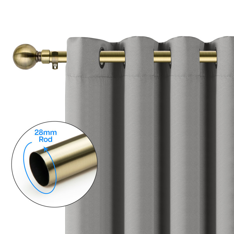 Extendable Plain Metal Curtain Pole And Hardware Set with Finials, 70-120cm Width, Antique Brass
