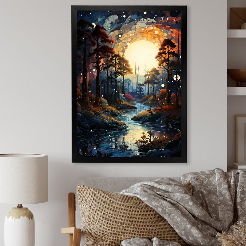 Moonlight River Retreat Into The Forest I - Forest And River Wall Art, Black Picture Frame, 32" H x 16" W x 1" D