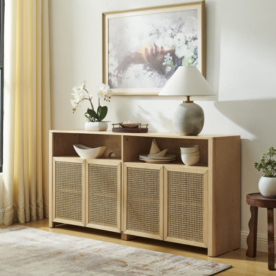 4-Door Rattan  Cabinet With Storage, Retro Coffee Bar Wine Bar Credenza For Living Room/Entryway/Kitchen