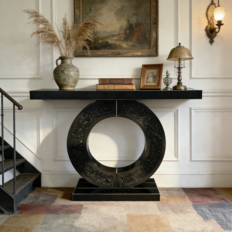 Console en miroir avec incrustation de diamant concassé, longue entrée, Noir