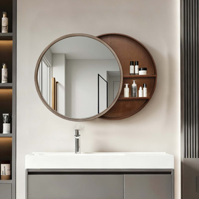 Miroir rond peu encombrant avec armoire de rangement coulissante