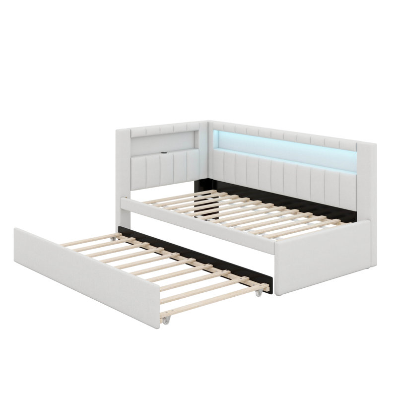 Lit plateforme tapissier simple avec ports USB et base de lit avec ceinture à DEL pour garçons, filles, adultes et lit gigogne