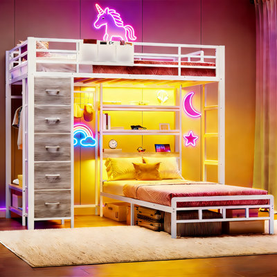 Bunk Bed Twin Over Twin with Hall Tree and Storage Bookcase Shelves Headboard