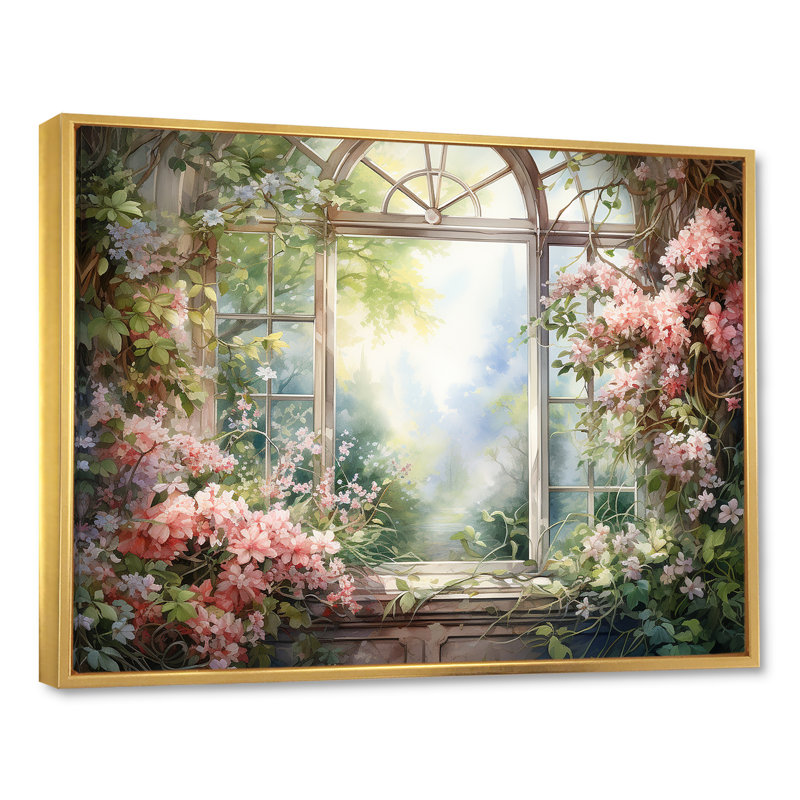 «Pink Blossoming Country Window Gaze II», reproduction d'art sur toile encadrée, Cadre flottant doré