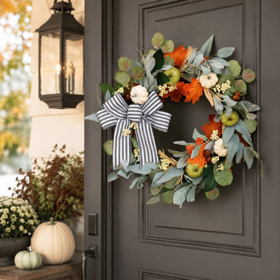 Artificial Fall Pumpkin Wreath with White Pumpkins, Eucalyptus Leaves and Striped Bow, Autumn Front Door Decoration