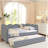 Cozy Gingham Daybed with Trundle Twin Size Sofa Bed No Box Spring Needed, with USB Port and Adorable Wave Shaped, Linen Fabric, Navy-386951152