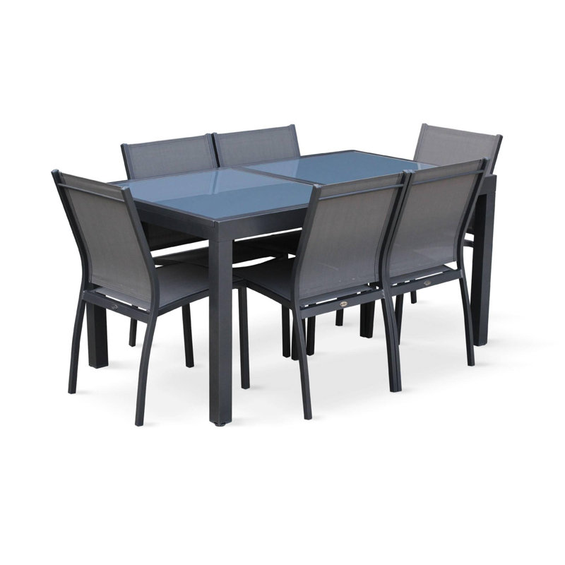 Dancer 6 - Person Patio Dining Set Extendable Rectangular Table, Black/Charcoal Grey