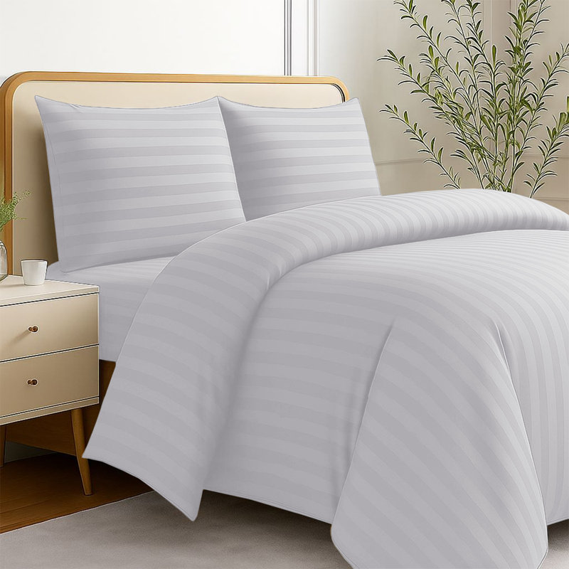 Striped 4-Piece Microfiber Bedding Set, Duvet Cover, Fitted Sheet & Pillowcases , White Striped