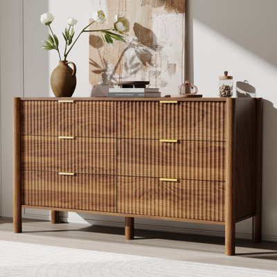 Commode 6 tiroirs l 55,1 po, commode en bois cannelée avec pieds en bois massif pour chambre à coucher, salon, noyer