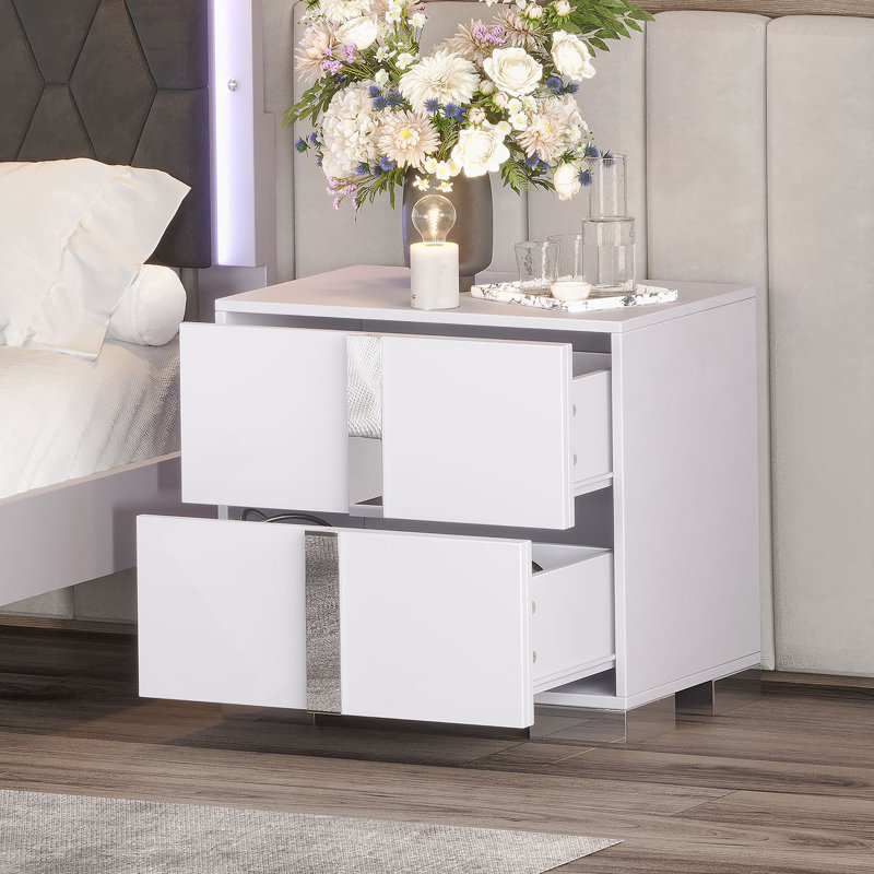 Table de chevet élégante, poignée en métal, miroir, 2 tiroirs, Blanc