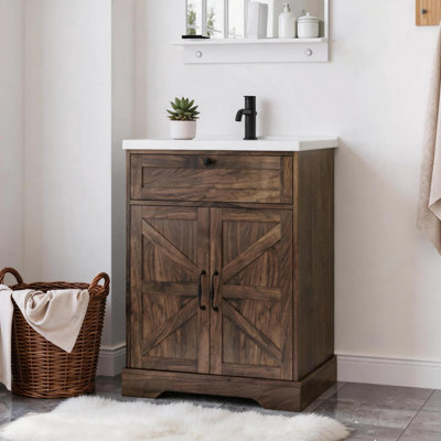 Meuble-lavabo avec plateau d'évier en céramique, armoire de rangement autoportante avec portes et tablettes