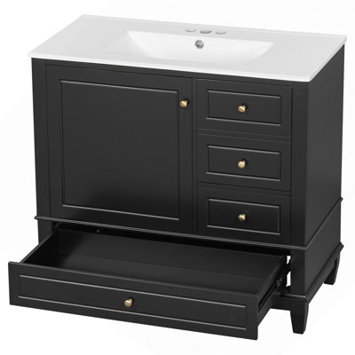 Meuble-lavabo sur pied 36 po avec lavabo en céramique, panneau de fibres à densité moyenne et base en bois massif, 3 tiroirs et armoire avec tablettes, finition noire peinte, meuble-lavabo autoportant avec trous de robinet de 4 po