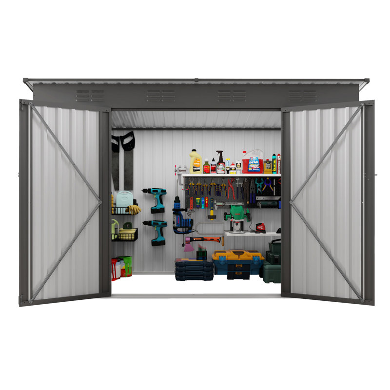 Remise de rangement grise en métal de 4 pi x 9 pi avec toit incliné, 6 évents et 2 portes battantes, protège la rouille, garde les articles au sec, évents extérieurs, portes convenant pour ranger les outils de jardin et garder les poubelles organis?