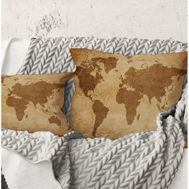 Carré, ancienne carte du monde V - Coussin décoratif à imprimé rétro, 18" x 18"