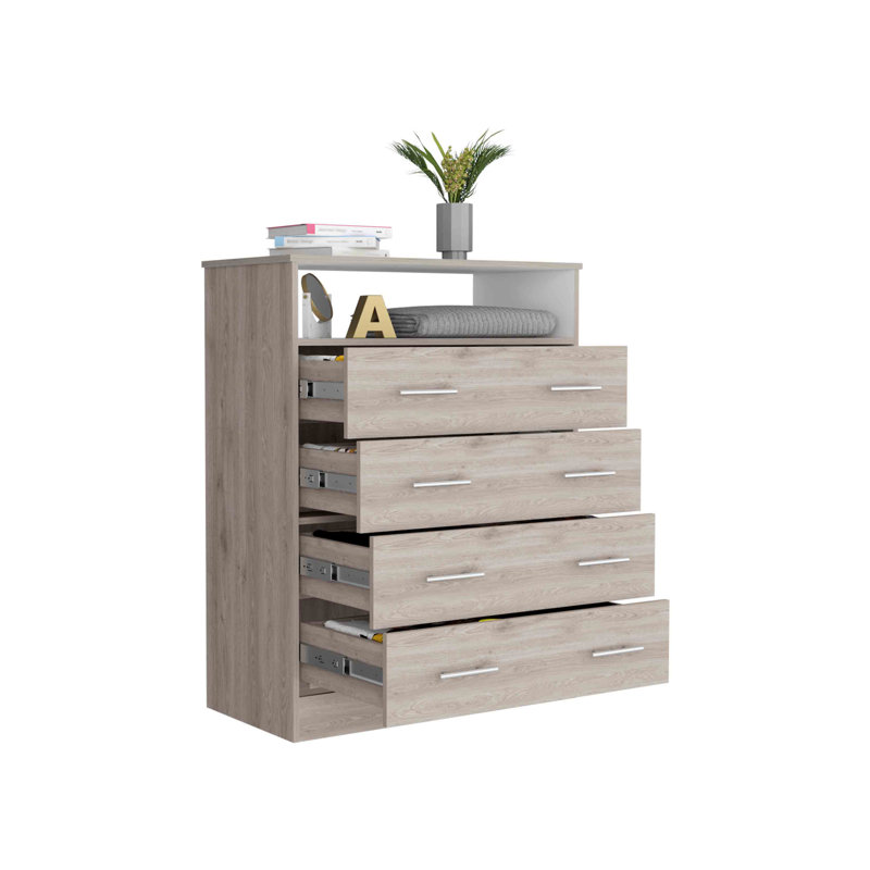 Commode 4 tiroirs Pérou, plateau supérieur, 1 tablette ouverte - gris clair