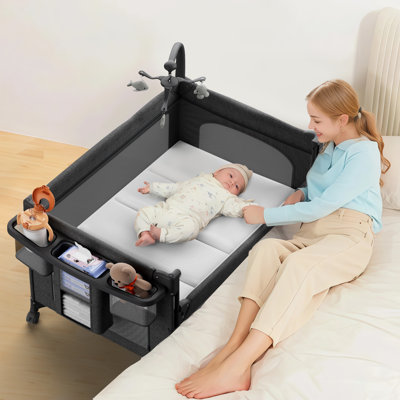 4-in-1 Baby Bassinet Bedside Sleeper, Portable Playard with Diaper Changer, One-Hand Quick Fold Pack and Play, 4 Lockable Wheels & Mosquito Net for Newborn to Toddler