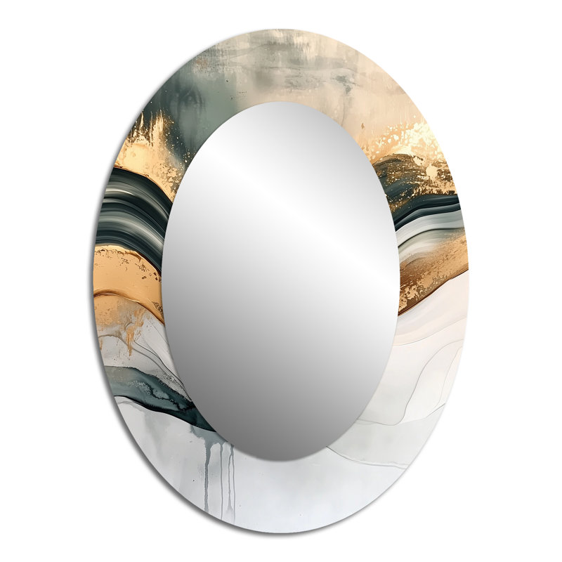 Silent Melody Of Golden Hard Edge Ink II - Gold Modern Oval Wall Mirror, 40" x 30"