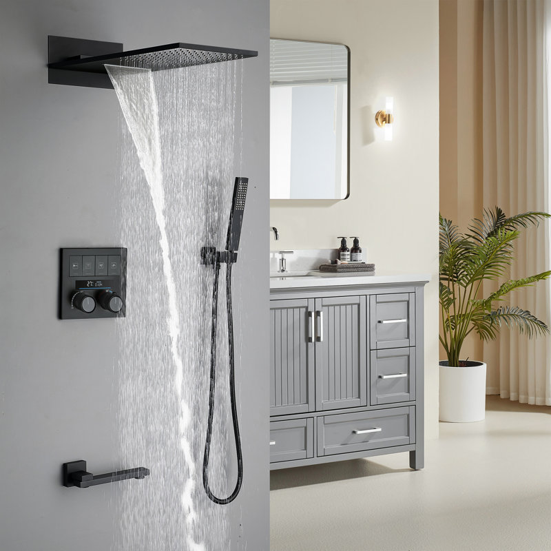 4-Function Digital Display Thermostatic Shower System With Waterfall & Rainfall Showerhead, Hand Shower, And Swivel Tub Spout