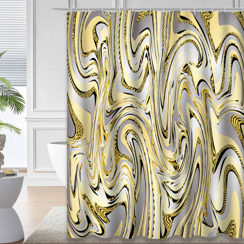 Marble Liquid White Yellow Abstract Gold Shower Curtain with 12 Hooks, 72" L x 78" W