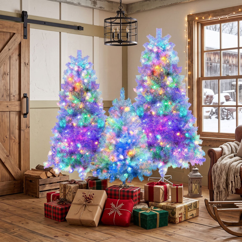 Ensemble d'arbre de Noël argenté pré-éclairé, arbres artificiels en PVC de 4 pi 6 pi 7,4 pi avec 11 modes d'éclairage, branches articulées