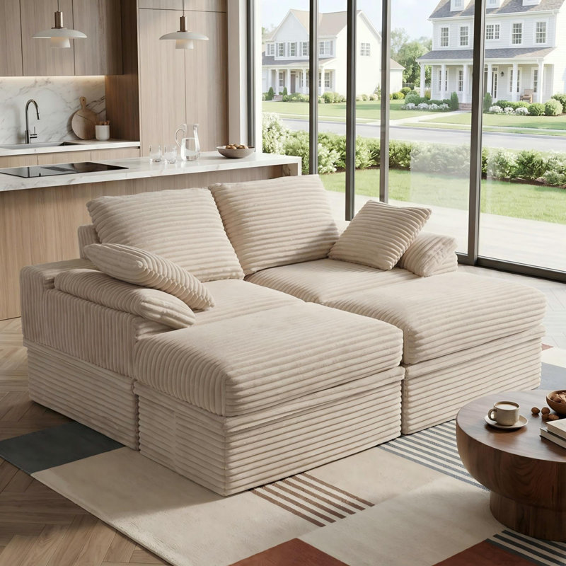Boneless 70.8"W Oversized Corduroy Sectional Loveseat with Pillow Topped Arms, 4-Piece Modular Sleeper Sofa with 2 Ottomans, Under-Seat Storage & 2 Pillows for Living Room, Easy Assembly