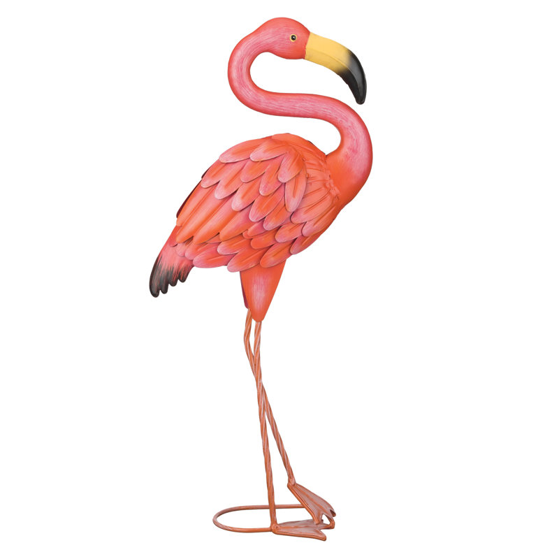 Hand-Painted Pink Metal Flamingo Sculpture, 23 inches