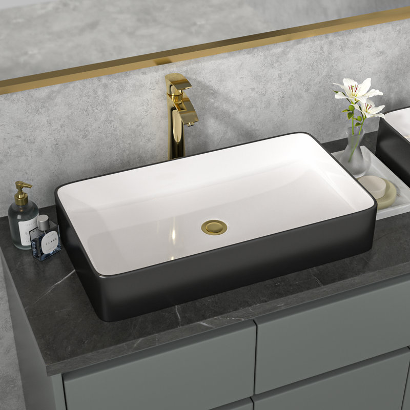 24" L x 14" W Ceramic Rectangular Vessel Bathroom Sink, White/Black