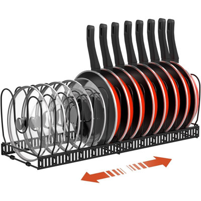 Retractable Cabinet Pot And Lid Organizer With 14 Adjustable Dividers For Kitchen Storage.