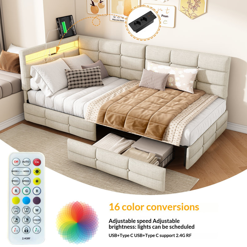 Upholstered Daybed with Drawer Storage, European Double (140 x 200 cm), Beige