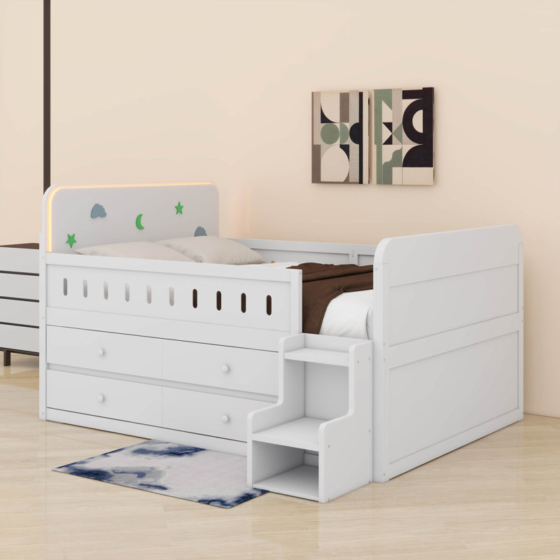 Lit double avec DEL, tiroirs de rangement, Blanc