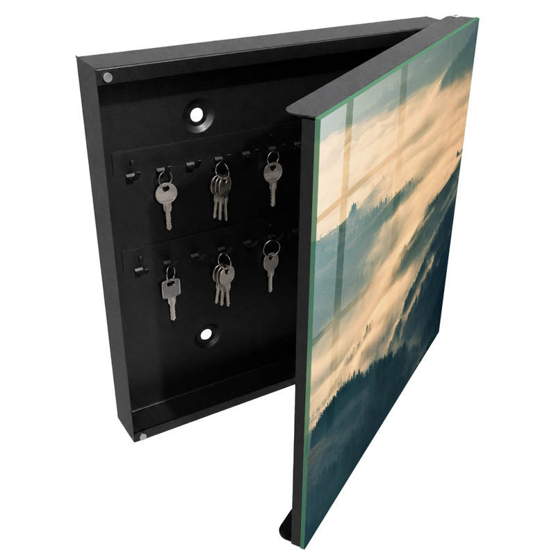 Decorative key box for wall, Opens to the right, 30x30x5, Black, Misty hills shrouded in mystery, 