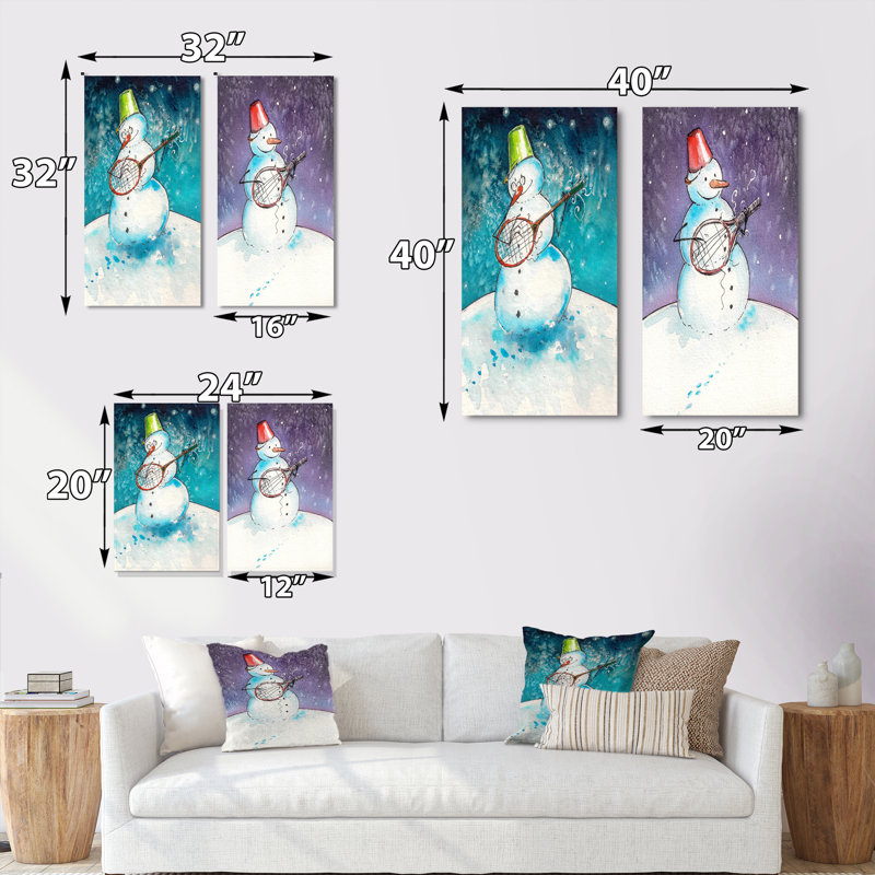 Bonhomme de neige de Noël jouant de la guitare - ensemble de 2 impressions sur toile, Toile tendue