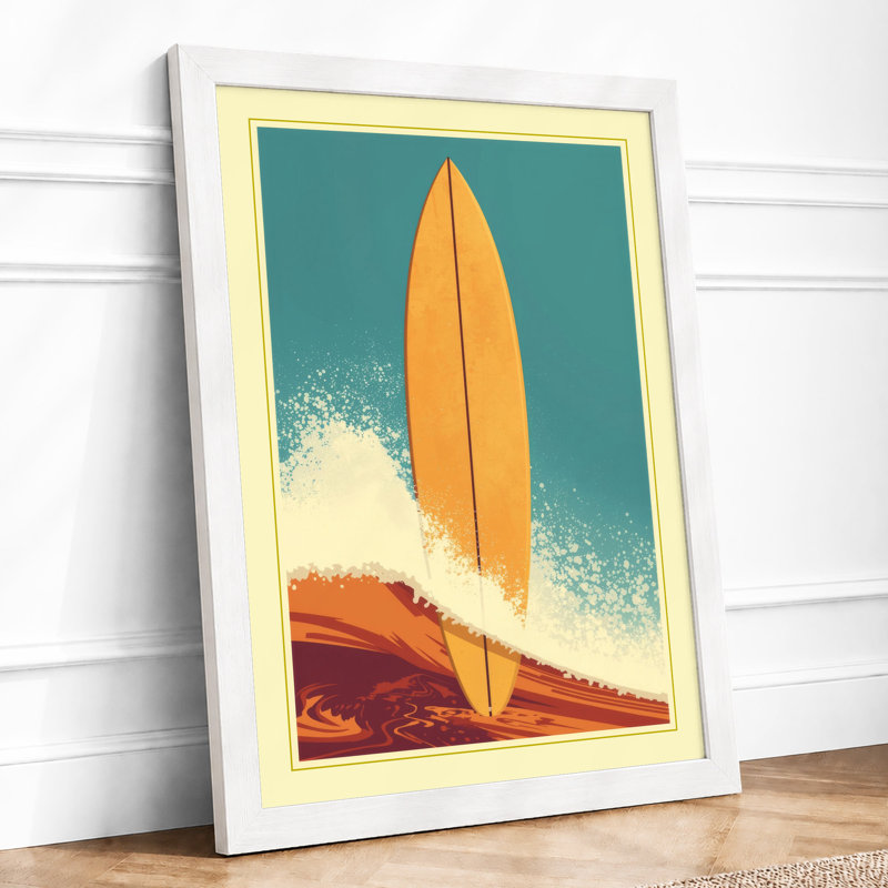Surfboard and Wave Retro - Framed Print, A3 - 42.0 x 29.7 cm, White