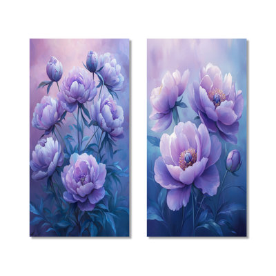 Pivoines mauves pétales d'élégance I - ensemble de 2 décorations murales florales en métal