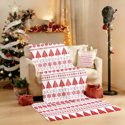 2025 Christmas Red Fair Isle 4-Piece Cozy Set: 40x50 Inch Flannel Blanket + 15.75x13.78 Inch Canvas Tote + Washed Denim Beanie + 24x16 Inch Flannel Mat – Festive Holiday Home Decor Gift Bundle