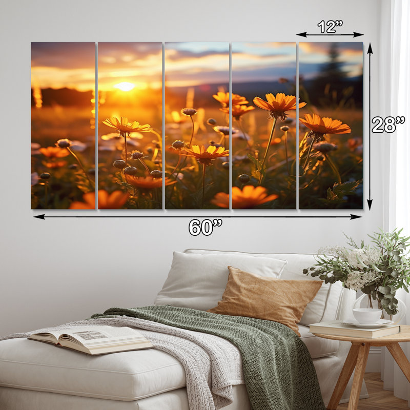Champ de fleurs jaunes jaunes avec coucher de soleil I - impression sur toile florale - 5 panneaux égaux